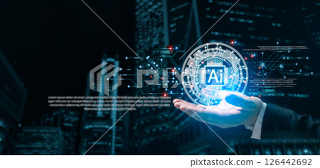 Concept of AI or artificial intelligence, represents future of technology, where digital science, computer advancements transform business and cyberspace through intelligent use of datum. technology Concept of AI or artificial intelligence, represents future of technology, where digital science, computer advancements transform business and cyberspace through intelligent use of datum. technology 126442692