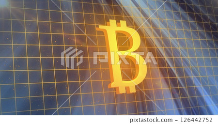 Image of bitcoin symbol with lines over light trails on black background 126442752