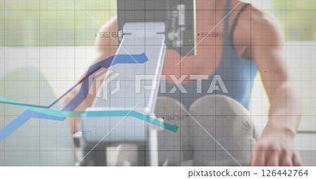 Image of data processing and diagrams over caucasian woman exercising Image of data processing and diagrams over caucasian woman exercising 126442764