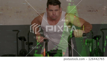 Image of data processing and diagrams over caucasian man exercising 126442765