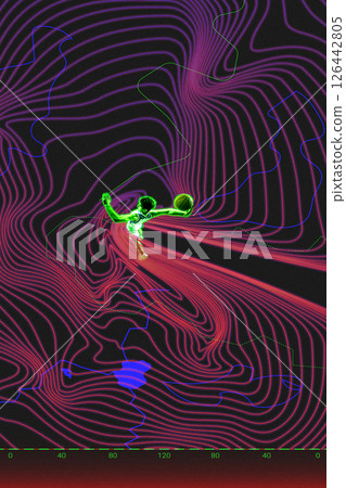 Conceptual art collage. Player dunks glowing basketball into curved contour terrain where pink lines radiate from explosive red trail. Conceptual art collage. Player dunks glowing basketball into curved contour terrain where pink lines radiate from explosive red trail. 126442805