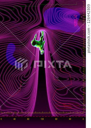 Poser. Conceptual collage. Male sprinter glows in green while launching into pink contour channel that curves around him in electric terrain. Poser. Conceptual collage. Male sprinter glows in green while launching into pink contour channel that curves around him in electric terrain. 126442809