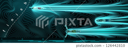 Banner. Conceptual art collage. Three swimmers dash through glowing blue water channels surrounded by motion contours as they race toward finish line. Banner. Conceptual art collage. Three swimmers dash through glowing blue water channels surrounded by motion contours as they race toward finish line. 126442810