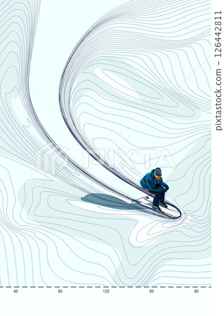 Contemporary art collage. Skier in dark outfit moves swiftly across icy mapped slope with deep curves and bending contour lines. Contemporary art collage. Skier in dark outfit moves swiftly across icy mapped slope with deep curves and bending contour lines. 126442811