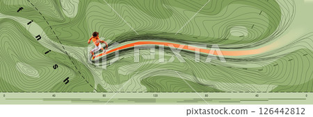 Conceptual art collage. Female runner in orange top accelerates along green mapped surface with bold orange trail toward finish line. Conceptual art collage. Female runner in orange top accelerates along green mapped surface with bold orange trail toward finish line. 126442812