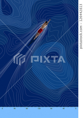 Contemporary art collage. Male swimmer in trunks moves through deep blue fluid terrain with contour lines wrapping around body to show water pressure. Contemporary art collage. Male swimmer in trunks moves through deep blue fluid terrain with contour lines wrapping around body to show water pressure. 126442813