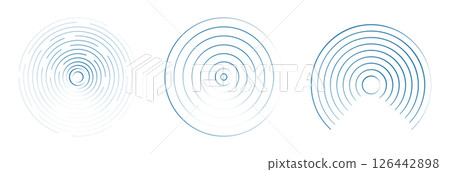 Sound wave, radar signal line. Concentric round circle effect, circular water ring. Contour vibration scan or music. Target screen, scannner swirl. 126442898