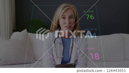 Image of medical data processing over caucasian female doctor 126443051