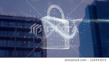 Image of infinity sign and padlock with data processing over cityscape 126443072