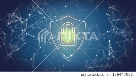 Image of network of connections and data processing with padlock icon on blue background 126443098