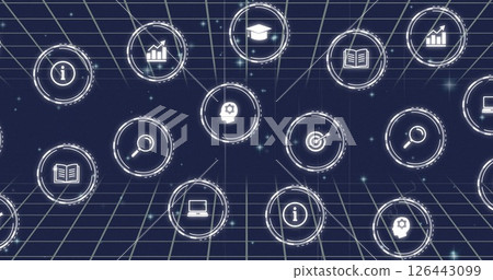 Image of network of connections and data processing with icons on blue background 126443099