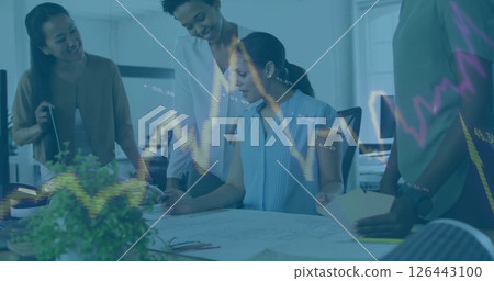 Image of data processing and diagrams over diverse colleagues talking in office 126443100