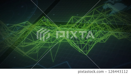 Image of network of connections over data processing with globe on black background 126443112