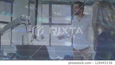 Image of financial data processing over diverse business people in office 126443138