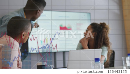 Image of financial data processing over diverse business people in office 126443155