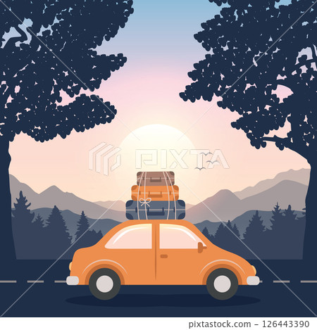 road trip adventure in the wilderness car on mountain landscape vector illustration 126443390