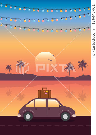 road trip adventure car on tropical landscape vector illustration road trip adventure car on tropical landscape vector illustration 126443401