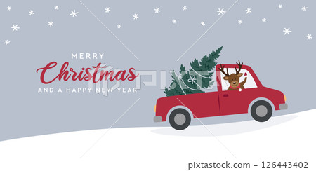 cute deer drives a car with christmas tree on winter landscape vector illustration cute deer drives a car with christmas tree on winter landscape vector illustration 126443402