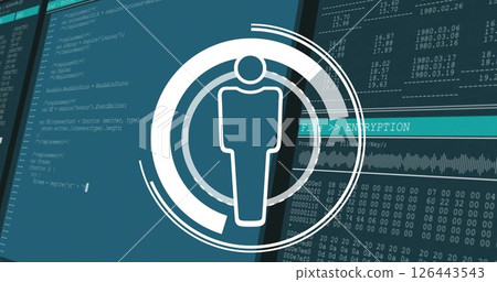 Image of data processing and media icons on black background Image of data processing and media icons on black background 126443543