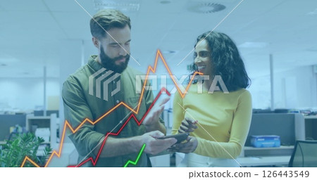Image of financial data processing over diverse business people in office Image of financial data processing over diverse business people in office 126443549