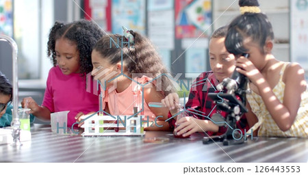 Chemical structure diagram over children conducting science experiments in classroom 126443553