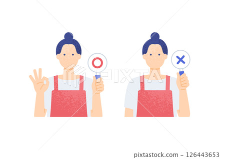 A woman wearing an apron holding up a round and cross sign Vector illustration of a woman working in the food and beverage industry 126443653