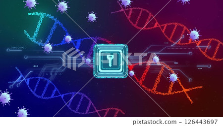 Image of key icon, dna strands and scientific data processing with covid 19 cells Image of key icon, dna strands and scientific data processing with covid 19 cells 126443697