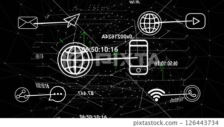 Image of communication media icons over processing data and networks on black Image of communication media icons over processing data and networks on black 126443734