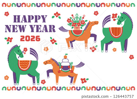 2026年馬年新年賀卡插圖（馬和嬰兒以及喜慶的新年） 126443757