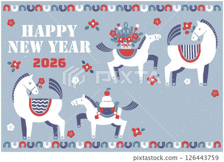 2026 Year of the Horse New Year's card illustration (horse and baby and a festive New Year) 126443759