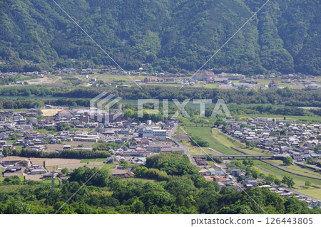 從德島縣三好市健康通訊之林眺望吉野川與河內谷川的交匯處 126443805