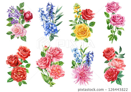 Watercolor flower bouquets set roses, lilac, dahlia, wildflowers and green leaves Romantic botanical collection on white 126443822