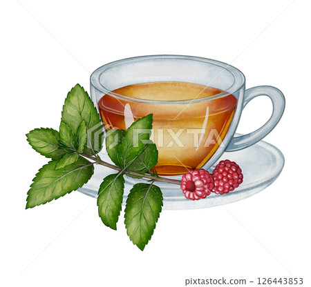 Cup with raspberry and mint leaves 126443853