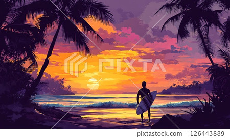 Surfer at tropical beach, sunset backdrop.. 126443889