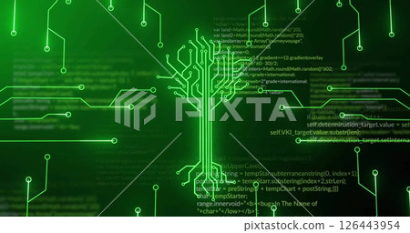 Image of green motherboard and tree network over processing data on dark background Image of green motherboard and tree network over processing data on dark background 126443954