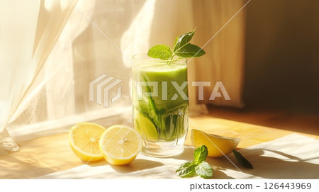 Avocado smoothie, mint, lemon slices, sunlight. 126443969