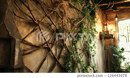 Natural trellis made of branches and twine. 126443978