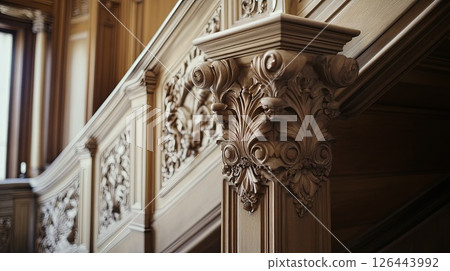 Detailed molding on a grand staircase.. 126443992