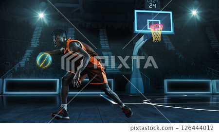 Conceptual collage. African-American athlete sprints with basketball on futuristic 3D court with neon hoop, digital scoreboard on background. Conceptual collage. African-American athlete sprints with basketball on futuristic 3D court with neon hoop, digital scoreboard on background. 126444012