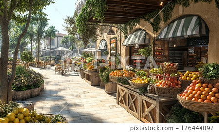 Farmers market with outdoor cafes, offering fresh fruits and artisanal goods.. 126444092
