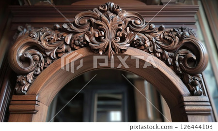 A decorative arch made from rich mahogany.. 126444103