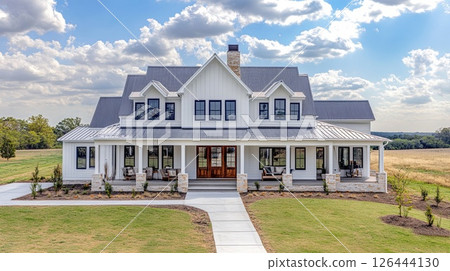 Modern farmhouse with open spaces, rustic accents.. 126444130