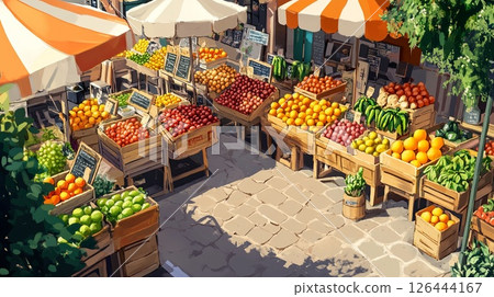 Farmers market with outdoor cafes, offering fresh fruits and artisanal goods.. 126444167