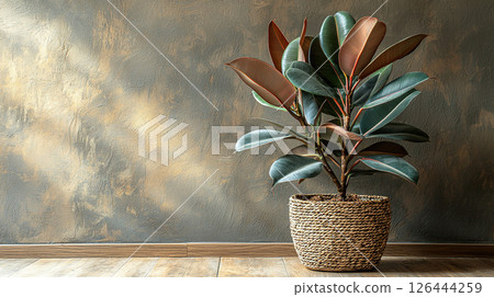 A vibrant rubber plant in a woven pot, against a textured wall, bringing an inviting aesthetic. 126444259