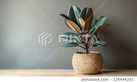 A stunning rubber plant is placed indoors, displaying its lush leaves in a woven basket. 126444261