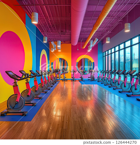 A brightly colored spin class studio, featuring exercise bikes and an inviting workout space. 126444270
