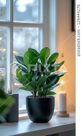 A vibrant rubber plant, displayed in a sleek black pot, sits gracefully by a bright window. 126444276