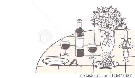 Romantic dinner table. Banner with champagne, candles and roses on table for birthday or wedding invitations. Hand drawn sketch illustration. 126444327