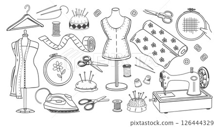 Sewing kit. Collection of tools for sewing and tailoring. Sewing mannequin, machine, measuring and cutting accessories, black outline. Hand drawn sketch illustration. 126444329