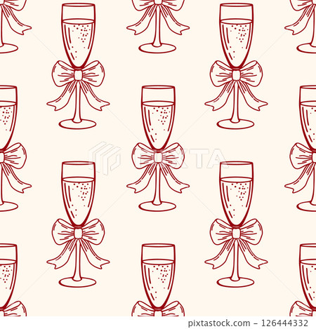 Seamless pattern with elegant champagne glasses with bows. Festive background. Hand drawn sketch illustration. Seamless pattern with elegant champagne glasses with bows. Festive background. Hand drawn sketch illustration. 126444332